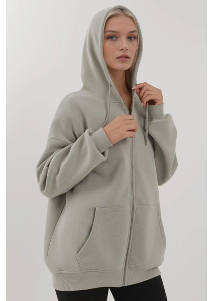 Kadın Şardonlu Cepli Fermuarlı Kapüşonlu Sweatshirt Busem Collection Grey fırsatları