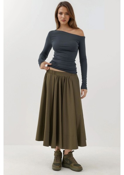 Kadın Asimetrik Yaka Slim Fit Uzun Kollu Üst Busem Collection Grey indirimleri