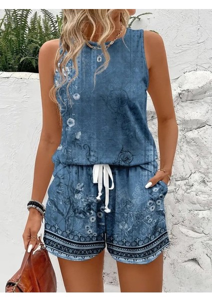 Kadın Askılı Yuvarlak Yaka Çiçek Baskılı Süprme Bluz ve Short Ikili Takım fiyatları