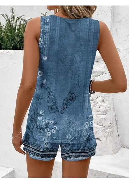 Kadın Askılı Yuvarlak Yaka Çiçek Baskılı Süprme Bluz ve Short Ikili Takım modelleri
