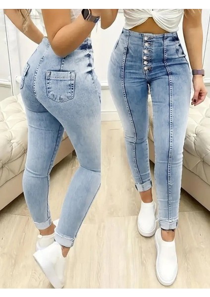 Kadın Yüksek Bel Önden Düğmeli Jean Pantolon