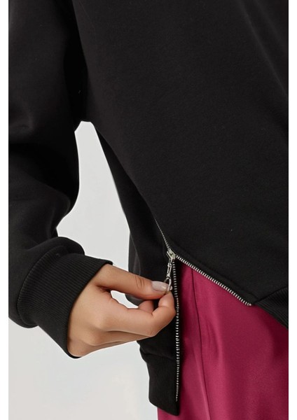 Kadın Şardonlu Fermuar Detaylı Bisiklet Yaka Sweatshirt Busem Collection Siyah fiyatları