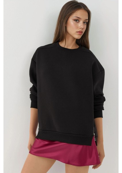 Kadın Şardonlu Fermuar Detaylı Bisiklet Yaka Sweatshirt Busem Collection Siyah modelleri