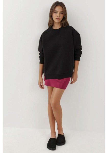 Kadın Şardonlu Fermuar Detaylı Bisiklet Yaka Sweatshirt Busem Collection Siyah indirimleri