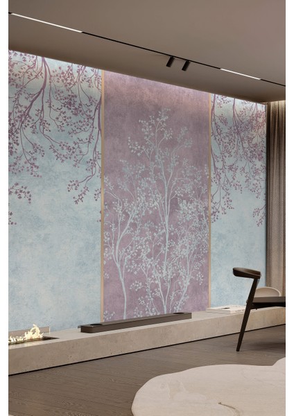 Mavi Pembe Çiçekli Panelli Tekstil Duvar Kağıdı