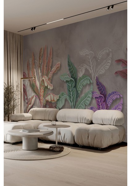 Renkli Tropikal Yaprak Desenli Tek Parça Silinebilir Tekstil Duvar Kağıdı fiyatları