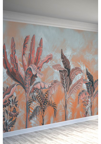 Turuncu Açık Mavi Tropikal Yaprak Desenli Tek Parça Silinebilir Tekstil Duvar Kağıdı fiyatları