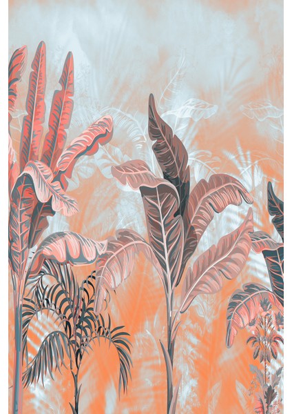 Turuncu Açık Mavi Tropikal Yaprak Desenli Tek Parça Silinebilir Tekstil Duvar Kağıdı modelleri