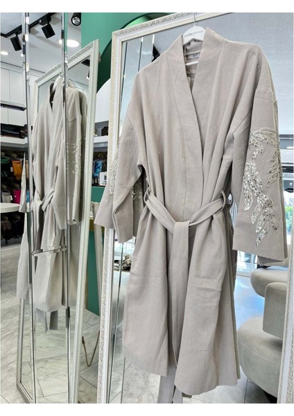 Adn Işlemeli Kimono Pamuk Gabardin - Taş - (40-46 Beden Uyumlu)