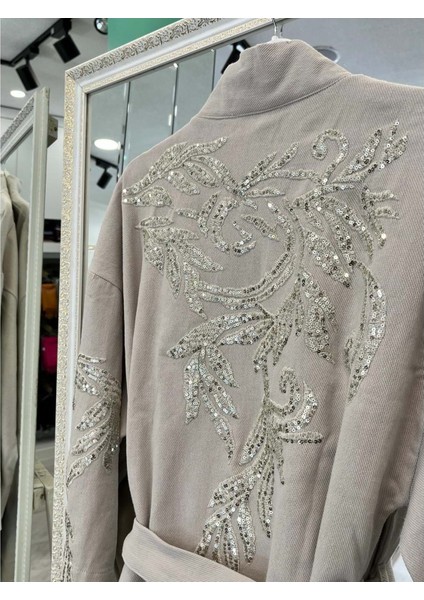 Adn Işlemeli Kimono Pamuk Gabardin - Taş - (40-46 Beden Uyumlu) indirimleri
