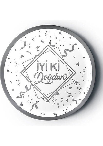 8'li Karton Tabak Gümüş Yaldızlı Iyi Ki Doğdun Beyaz M332