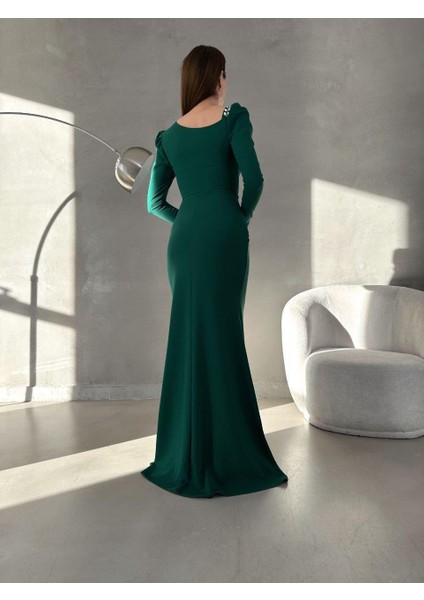 Zyran Kol Detay Yırtmaçlı Abiye 582755 Zumrut modelleri