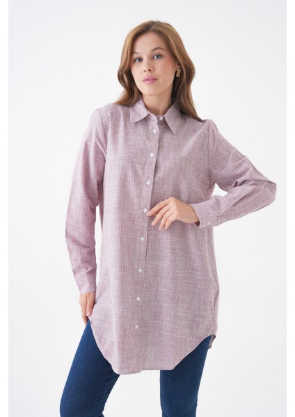 Kadın Gömlek Yaka Düğmeli Uzun Kol Tunik Boy Rahat Çizgili Curve Büyük Beden Tesettüre Uygun Gömlek