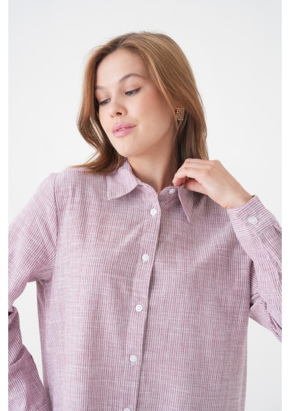 Kadın Gömlek Yaka Düğmeli Uzun Kol Tunik Boy Rahat Çizgili Curve Büyük Beden Tesettüre Uygun Gömlek fiyatları
