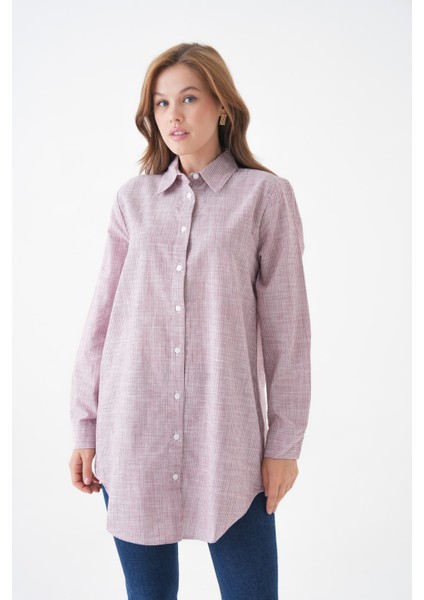 Kadın Gömlek Yaka Düğmeli Uzun Kol Tunik Boy Rahat Çizgili Curve Büyük Beden Tesettüre Uygun Gömlek fırsatları