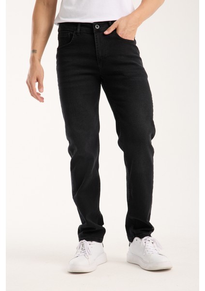 Erkek Pantolon Siyah Regular Fit Fermuarlı Jeans