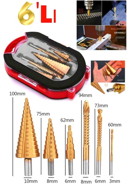 6 Parçalı Yüksek Hızlı Delme Pagoda Testere Dişi Seti, Titanyum Kaplama Matkap Ucu Seti, Titanyum Kademeli Matkap Ucu Seti, Çok Fonksiyonlu Matkap Ucu Seti