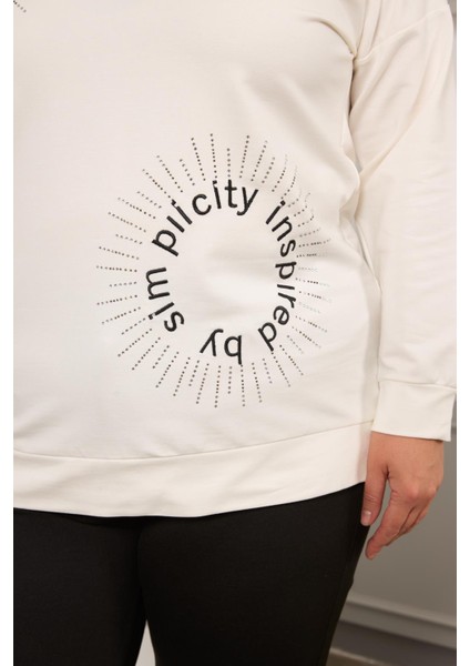Taş ve Nakışlı Büyük Beden Sweatshirt Beyaz fiyatları