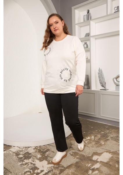 Taş ve Nakışlı Büyük Beden Sweatshirt Beyaz indirimleri