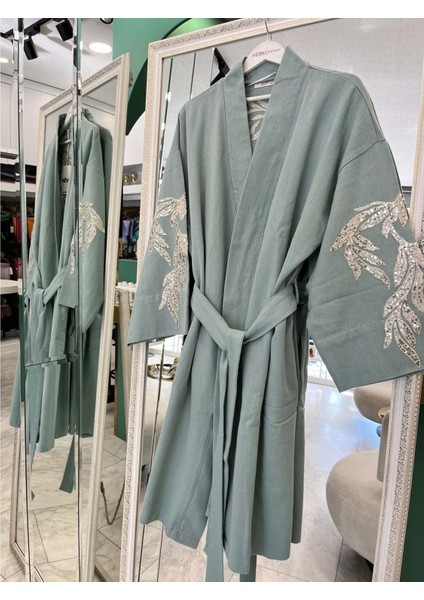 Adn Işlemeli Kimono Pamuk Gabardin - Mint Yeşili - (40-46 Beden Uyumlu)