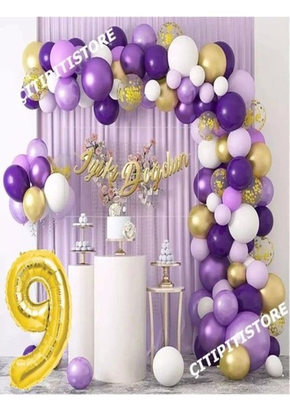 8-9 Yaş Macaron Mor Balon Zinciri Seti Gölge Mor Altın Balon Dekorasyon