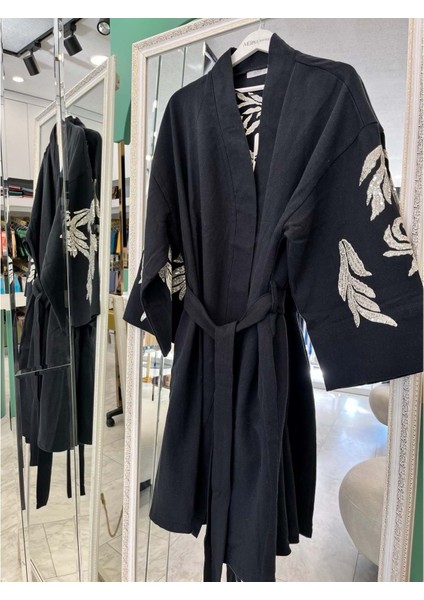 Adn Işlemeli Kimono Pamuk Gabardin - Siyah - (40-46 Beden Uyumlu)