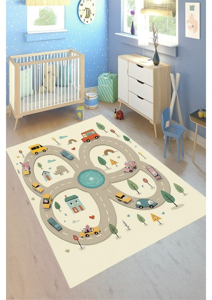 Çocuk Halısı Oyun Matı Yol Trafik Desenli Eğitici Kaymaz Taban Yıkanabilir Halı