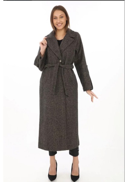 Kadın Kolu Apoletli Astarlı Kaşmir Kaşe Kaban - Füme