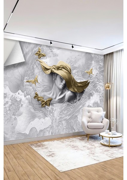 Golden Elegance Altın Detaylı Kadın ve Kelebek Desenli Tekstil Duvar Kağıdı