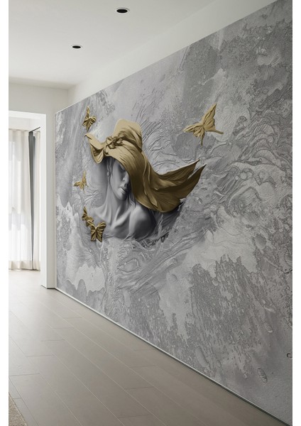 Golden Elegance Altın Detaylı Kadın ve Kelebek Desenli Tekstil Duvar Kağıdı fiyatları