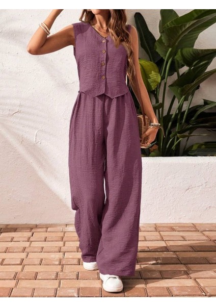 Kadın Sıfır Kollu Düğmeli Yelek ve Pantolon Bürümcük Ikili Takım fiyatları