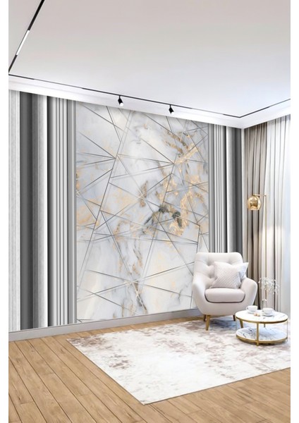 Beyaz Mermer Geometrik Çizgili Tek Parça Tekstil Duvar Kağıdı