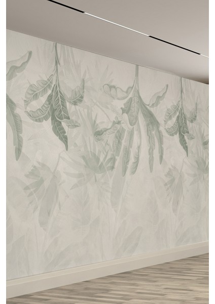 Yeşil Bej Tropikal Yaprak Desenli Tek Parça Silinebilir Tekstil Duvar Kağıdı
