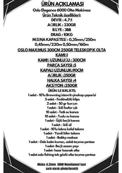 Elegance 6000 Oslo Maxımus 300CM 250GR Göl ve Deniz Olta Seti fiyatları