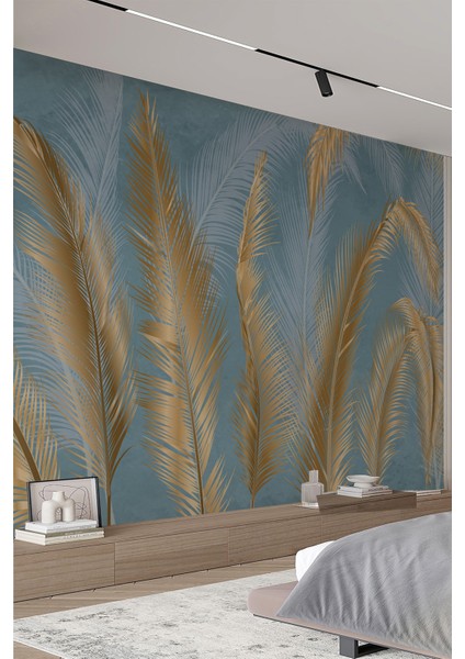 Mavi – Altın Tropikal Yaprak Desenli Tekstil Duvar Kağıdı