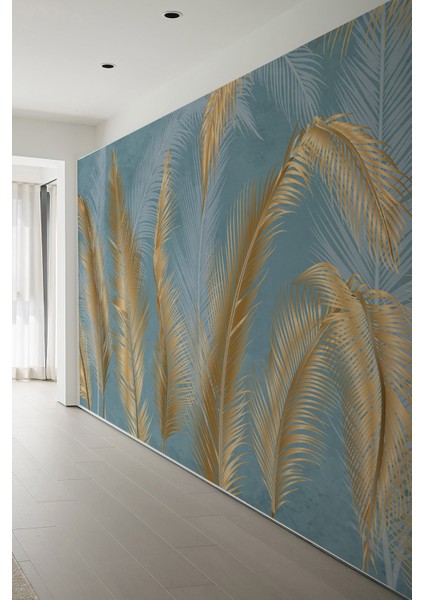Mavi – Altın Tropikal Yaprak Desenli Tekstil Duvar Kağıdı fiyatları