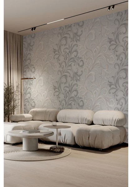 Açık Gri Zemin Gri Antrasit Geçişli Barok Dal Desenli Tekstil Duvar Kağıdı