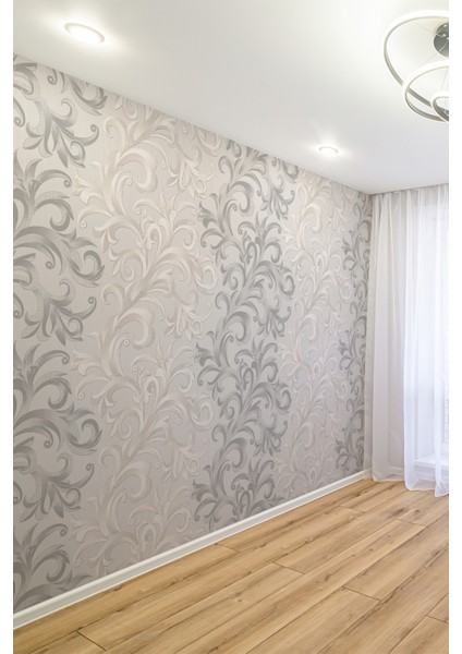 Açık Gri Zemin Gri Antrasit Geçişli Barok Dal Desenli Tekstil Duvar Kağıdı fiyatları