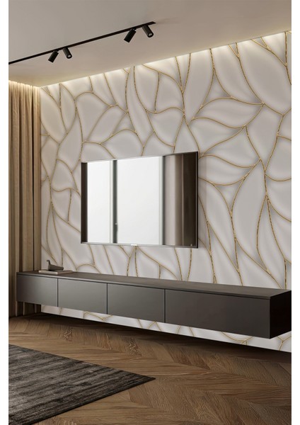 Beyaz Altın Çizgili Modern Lüks 3D Görünüm Tekstil Duvar Kağıdı fiyatları