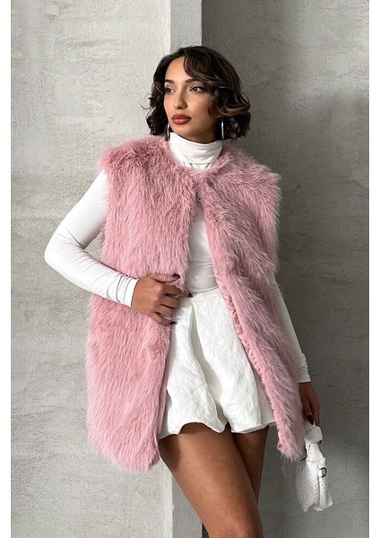 Pudra Tüylü Uzun Kürk Şık Premium Luxury Trend Özel Tasarım Kadın Yelek