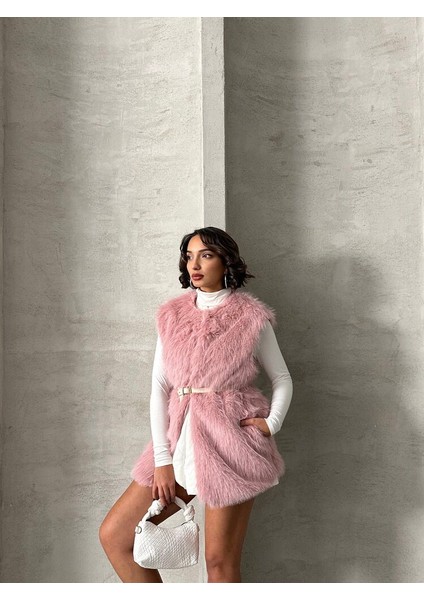 Pudra Tüylü Uzun Kürk Şık Premium Luxury Trend Özel Tasarım Kadın Yelek fiyatları