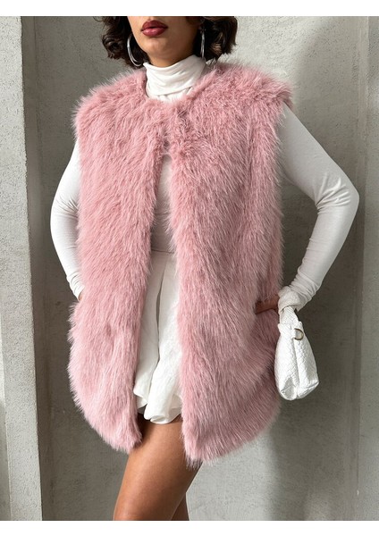 Pudra Tüylü Uzun Kürk Şık Premium Luxury Trend Özel Tasarım Kadın Yelek fırsatları