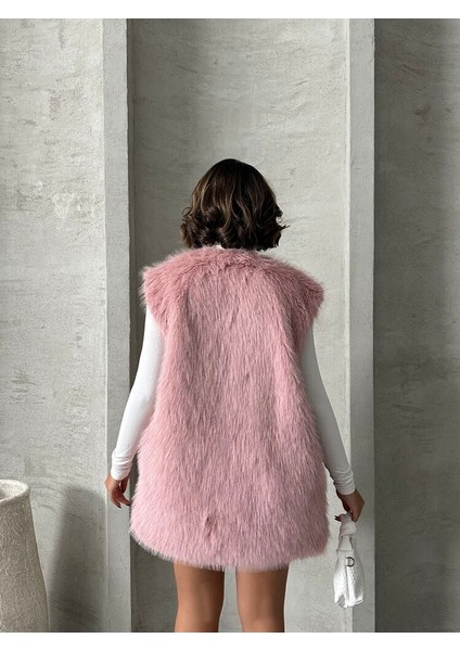 Pudra Tüylü Uzun Kürk Şık Premium Luxury Trend Özel Tasarım Kadın Yelek indirimleri