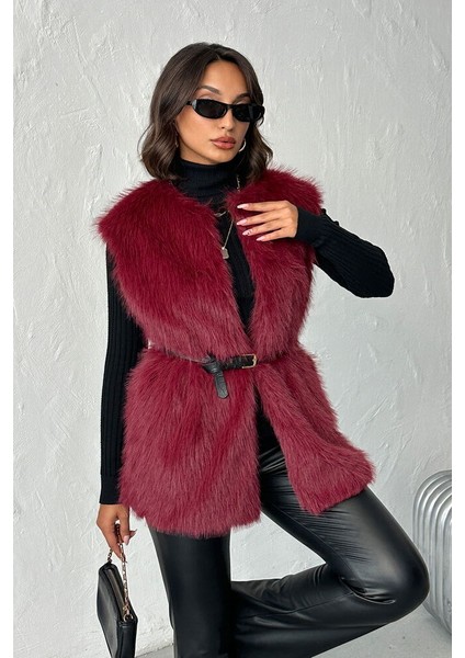 Bordo Tüylü Uzun Kürk Şık Premium Luxury Trend Özel Tasarım Kadın Yelek