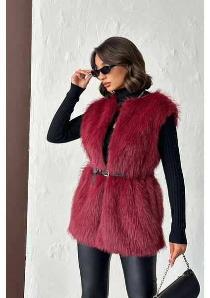 Bordo Tüylü Uzun Kürk Şık Premium Luxury Trend Özel Tasarım Kadın Yelek modelleri