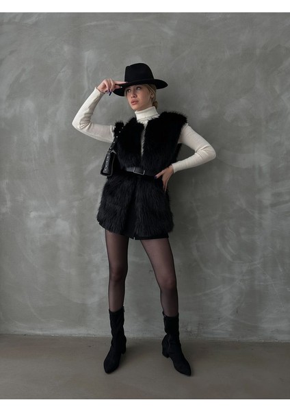 Siyah Tüylü Uzun Kürk Şık Premium Luxury Trend Özel Tasarım Kadın Yelek fiyatları