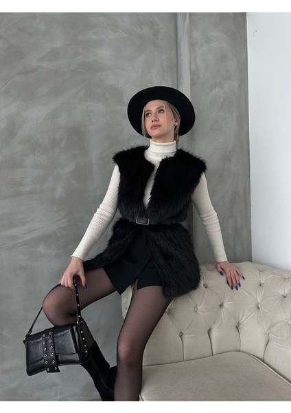 Siyah Tüylü Uzun Kürk Şık Premium Luxury Trend Özel Tasarım Kadın Yelek modelleri