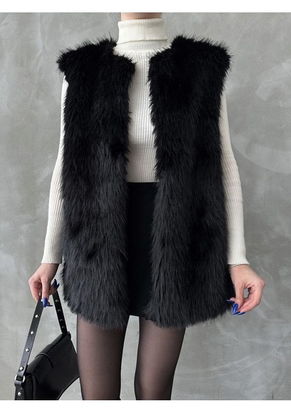 Siyah Tüylü Uzun Kürk Şık Premium Luxury Trend Özel Tasarım Kadın Yelek fırsatları
