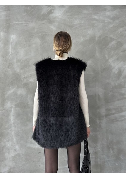 Siyah Tüylü Uzun Kürk Şık Premium Luxury Trend Özel Tasarım Kadın Yelek indirimleri