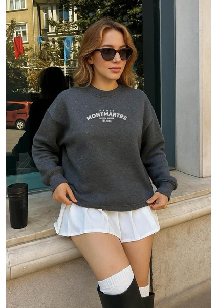 Oversize Bisiklet Yaka Simli Baskılı Antrasit Kadın Sweatshirt 25K0131K1 modelleri